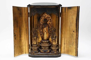 仏教美術 木造金箔 阿弥陀如来三尊立像 両脇侍立像 厨子入　江戸時代　全高56センチ