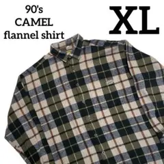 90s キャメル フランネルシャツ グリーン×ベージュ チェック XL 古着