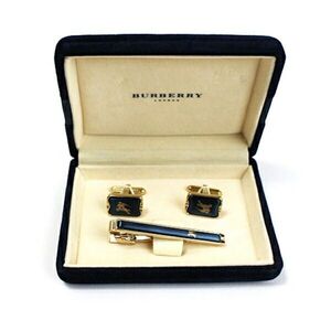 ★ バーバリー ネクタイピン＆カフス セット ゴールド×ネイビー 中古 Aランク BURBERRY ｜アクセサリー メンズ