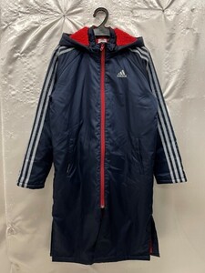 r2_4796n 良品 adidasアディダス ジュニア ベンチコート ロングコート 3ストライプ ナイロン 光沢 裏ボア ネイビー サイズ150