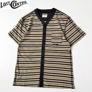 極美品 試着のみ LOST CONTROL SS OPEN CUT&SAWN / BORDER OLIVE×MOSS ロストコントロール ボーダー天竺ノーカラーシャツ 1 カットソー