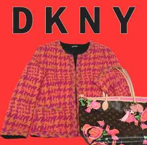 美品★DKNY★ダナキャランニューヨーク★ノーカラージャケット★総柄★シルク★赤★千鳥格子★オレンジ★マルチカラー★レッド