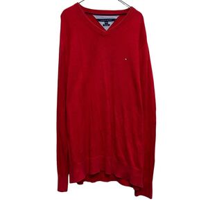 TOMMY HILFIGER コットンニット セーター XXL レッド ビッグサイズ トミーフィルフィガー Vネック 古着卸 アメリカ仕入 a611-7442