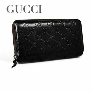 GUCCI アヴェル シマレザー 長財布 ラウンドファスナー ダークブラウン グッチ GG ラウンドジップ ウォレット 小銭入れ