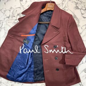 現行タグ/カシミヤ混 極美品 ●Paul Smith ポールスミス ピーコート ワインレッド 派手裏地 ウール 光沢 ボルドー メンズ 羊毛 ネイビー