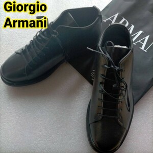 定価 12万 新品 未使用 GIORGIO ARMANI ジョルジオ アルマーニ ブラック レザースニーカー 黒 本革 BLACK ロゴ イタリア製 ITALY Milano 皮