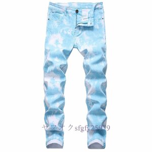 R525新品メンズジーンズ スキニーパンツ 花柄 ビンテージ加工 5色 Ｗ28～Ｗ42サイズ選択 ブルー系