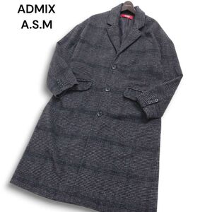 ADMIX A.S.M アトリエサブ メン 秋冬★ ウール混 グレンチェック ワイド ロング チェスターコート Sz.48 メンズ グレー　C5T00118_1#N