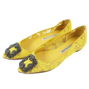 美品◎MANOLO BLAHNIK マノロブラニク ハンギシ ポインテッドトゥ フラット レース パンプス イエロー 36 イタリア製 定価169400円