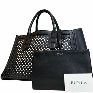 1円 〜【入手困難品】定価10万円 フルラ FURLA トートバッグ ビジネスバッグ 2way ブラック レザー メンズ レディース パンチング ポーチ