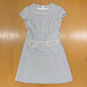 Courreges クレージュ オープンカラー 総柄 ストレッチ ドレス ワンピース 9AR(M相当) ホワイト×ネイビー 日本製 半袖 ミディ丈 女性用