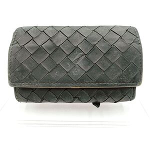 【ボタン閉まらず】Bottega Veneta ボッテガヴェネタ 三つ折り コンパクトコインケース イントレチャート レザー ブラック メンズ