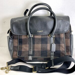 COACH コーチ F71440 2WAYバッグ ブリーフケース レザーxウール チェック柄[20896