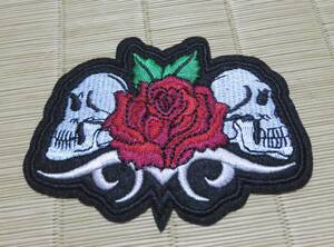 双髑髏赤薔薇◆新品どくろ　ローズ　ROSE　バラ　刺繍ワッペン激渋◆バイカーUSバイク　ロック　音楽◇ミリタリー　ファッション■衣服DIY