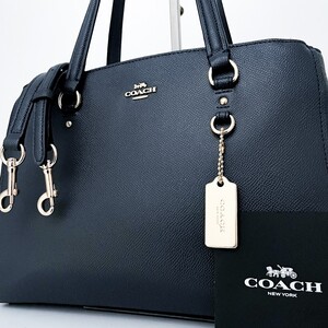 1円■新品同様■型崩れ無し■COACH コーチ 2way 自立 二層式 ロゴ トートバッグ ショルダー ビジネス メンズ レディース レザー ネイビー