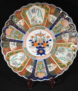 古伊万里 染付 金彩 色絵 花唐草文 花文 花鳥 花籠図 菊形 輪花 34cm 大皿 茶道具 華道具 江戸期 bv-大08a3286