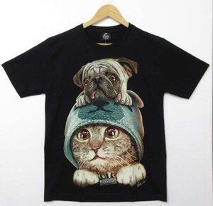 送料無料/新品 Caballo 半袖Tシャツ かわいいパグ 三毛猫 犬＆猫 コラボデザイン メンズXSサイズ レディースSサイズ男女兼用 ■L18157SSA18