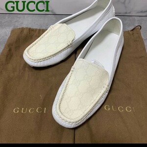 再値下　0459　GUCCI グッチ　ドライビングシューズ　フラットシューズ　ホワイト　GG