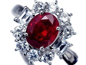 1円～【ジュエリー極】GIA鑑 極上品 濃厚レッドカラー！天然非加熱ルビー1.57ct＆天然ダイヤ0.82ct 超高級Pt900リングa1611iml【送料無料】