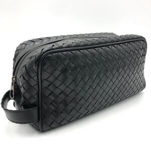 1円【美品】BOTTEGA VENETA ボッテガヴェネタ セカンドバッグ イントレチャート 編み込み メンズ ビジネス オールレザー 本革 ブラック 黒