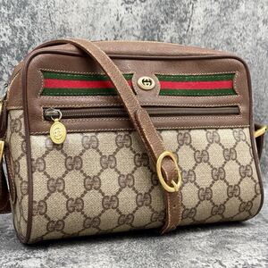 美品 粉吹きなし！ベタなし！GUCCI グッチ シェリーライン GG ショルダーバッグ レザー 本革 PVC ベージュ ブラウン ゴールド金具 ロゴ