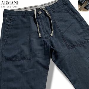 極美品/XLサイズ●アルマーニ コレツィオーニ シルク コットン サマー パンツ スラックス ARMANI COLLEZIONI 薄手デニム風 ロゴタグ刻印 52