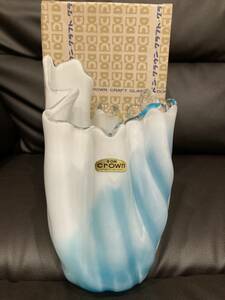 ドン　クラウン　クラフト　グラス　昭和レトロ　花瓶　ブルー　ホワイト　波　海　フラワーベース　フリル　ガラスの置物