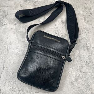 現行/美品●エンポリオアルマーニ EMPORIO ARMANI ショルダーバッグ サコッシュ メンズ レザー 本革 斜め掛け イーグル ロゴ 黒色 ブラック