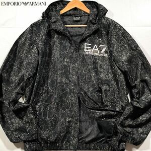 極美品/Lサイズ●エンポリオ アルマーニ ナイロン パーカー ダブルジップ フード ジャケット EMPORIO ARMANI 薄手 EA7ロゴ 総柄 撥水 黒