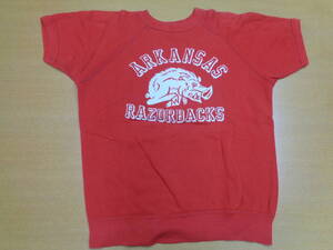 激レア！ 60s UNKNOWN ARKANSAS RAZORBACKS (アーカンソー大学フットボールチーム) VINTAGE SWEAT フロッキープリント SIZE L? RED