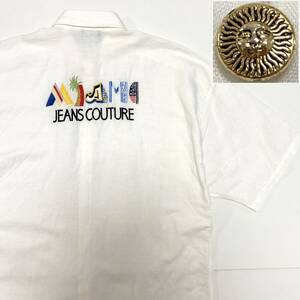 VERSACE JEANS COUTURE MIAMI 太陽神 金ボタン 刺繍 半袖シャツ ホワイト 白 Mサイズ ヴェルサーチ 白シャツ VINTAGE 4040089