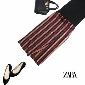 美品 ザラ トラファルク ZARA Trafaluc ■ マルチ ストライプ柄 タイト ミモレ丈 ロングスカート ラメ タイトスカート S ブロンズ ネイビー