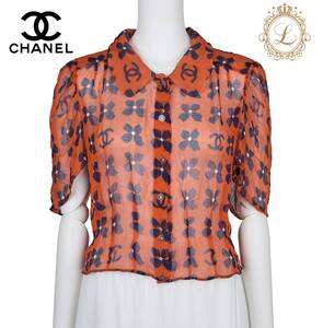 【返品可】CHANEL シャネル ココマーク 花柄 シャツ ブラウス 38 半袖 トップス カットソー オレンジ ブランド アパレル