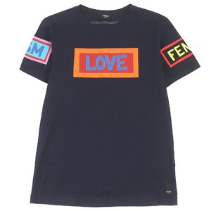 美品□FENDI フェンディ FY0626 ロゴプリント LOVE ショートスリーブ クルーネック 半袖Ｔシャツ ネイビー 48 イタリア製 正規品 メンズ