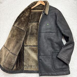 【激レア!!!定価50万美品!!XL相当!!!】PAPAS パパス ラムレザー ムートンコート ジャケット 全面羊革 リアルムートン バックロゴ ブラック 