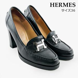 エルメス HERMES ドーフィン 90 パンプス ハイヒール Hロゴ シルバーロゴ ロゴ金具 黒 ブラック ヒールモカシン 革靴 シルバー金具