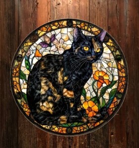 猫の壁飾り　メタルウォールアート　サビ猫と花E　猫の雑貨　HANAKO