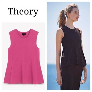 【ウォッシャブル】Theory セオリー ペプラム ノースリーブ ニット ピンク S フューシャピンク サマーニット CREPE KNIT/RIB MIX PEPLUM