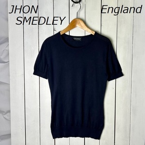 sh●589 英国製 JOHN SMEDLEY コットン 半袖 ニットカットソー S 紺 オールド ジョンスメドレー 薄手 春夏秋 サマーニット イギリス製