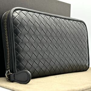 1円【美品・定価約8万】BOTTEGA VENETA ボッテガヴェネタ イントレチャート ラウンドファスナー ブラック 黒 長財布 財布 レザー 