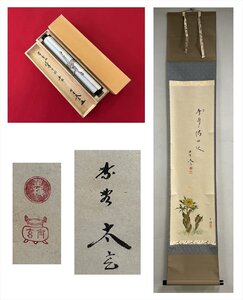 【千寿】大徳寺派 黄梅院 小林太玄 春水満四択 蕗薹画賛 紙本 d550◆箱/茶道具/古美術/時代品/掛軸/100023807