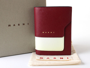 E17379 新品未使用 訳有り MARNI マルニ レザー 二つ折り 財布 コンパクトウォレット 箱付き ボルドー×ホワイト イタリア製 札入れ