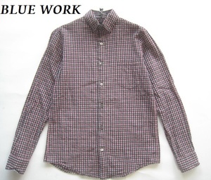 美品!!TOMORROWLAND BLUE WORK*チェック柄シアサッカー隠しボタンダウンシャツ 0 実寸S