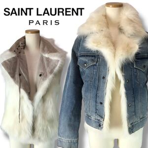 t218 良品 レア SAINT LAURENT PARIS 2018 サンローラン 3way フォックスファー デニムジャケット Gジャン ベスト ジレ アウター S 正規品 