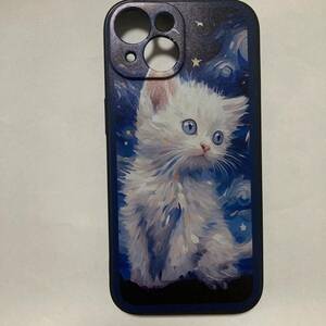 新品送料無料 iphone15ケース 綺麗な猫のスマホケース　白猫　青色　青褐　夜空　cat ネコかわいい　可愛い　癒し　　動物　　夜