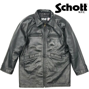 大きいサイズ 42◆Schott◆USA製レザーコート黒メンズXL本革ショット本皮ロングライダースジャケットAT532アメリカ製シングル牛革ジャン778