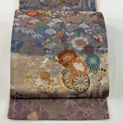 袋帯 美品 秀品 花車能小袖文 蝶 唐織 金糸 ピンクベージュ 六通 正絹 【中古】