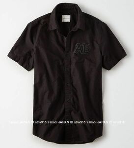 〓SALE!! アメリカンイーグル/US M/AE Button Up アップリケオックスフォード半袖シャツ/Black