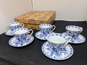 ☆未使用品☆ 白磁器 三洋陶器 Blue Elbe ブルーエルベ コーヒーカップ ソーサー 5客セット 碗皿五客揃 (10176