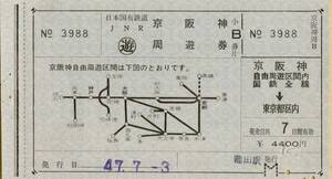 ◎ 国鉄 周遊券 【 京阪神周遊券 】 Ｂ券 Ｓ４７.７.３ 蒲田駅 新幹線（京都 - 新大阪）　尼崎港 有り + 表紙